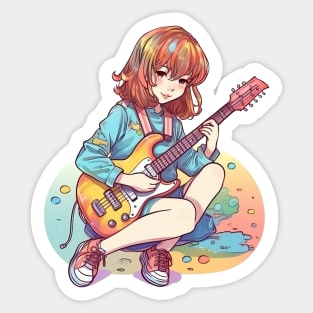 A girl playing her favourite guitar Sticker